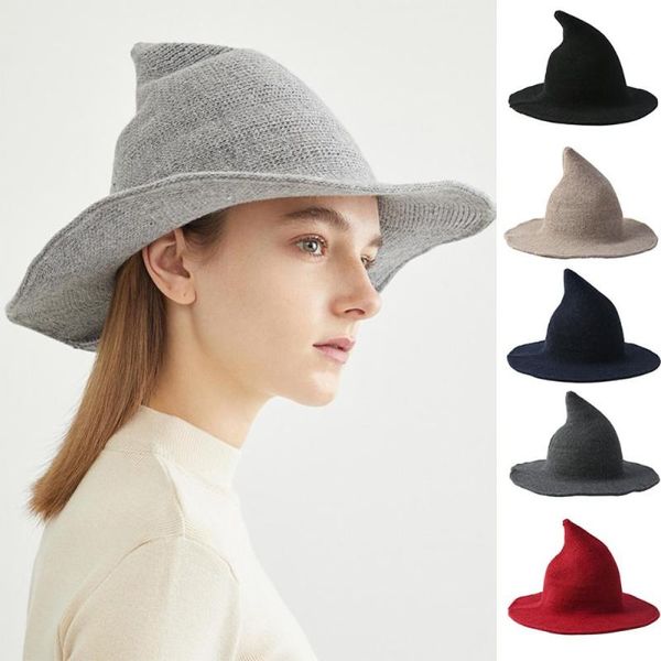 

wide brim hats shaman hat solid color steeple foldable knitted witch cap for halloween, Blue;gray