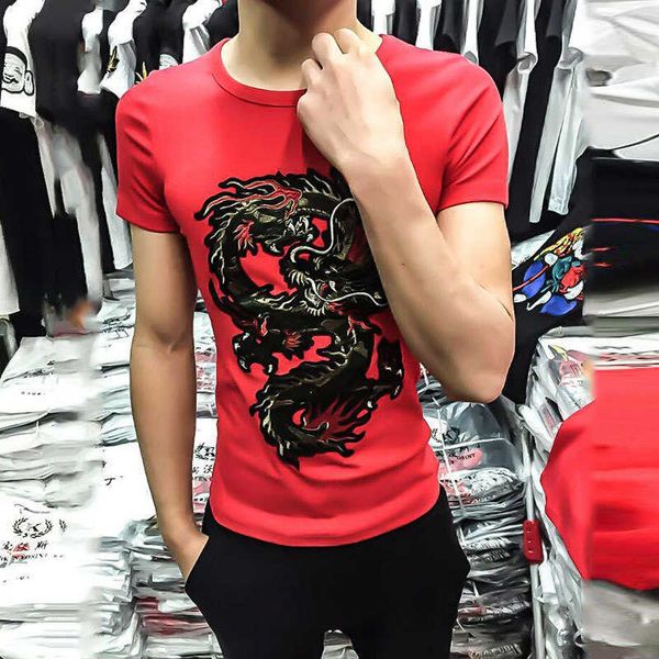 

w2030 new embroidery, short sleeves, t-shirt, spirit society, red dragon, and kwai tong., White;black