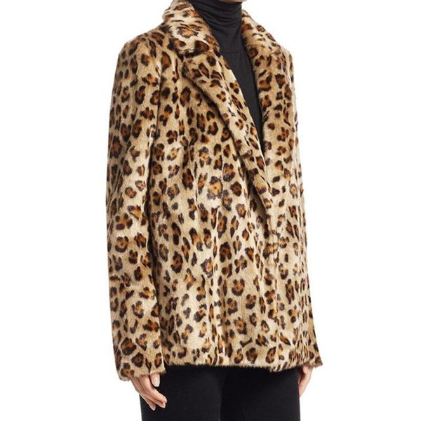 

women's fur & faux winter coat leopard print suit collar for women, Black
