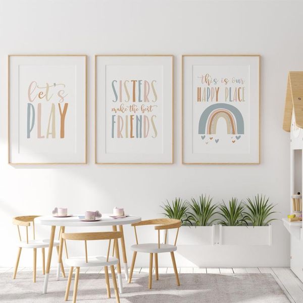 

paintings cartoon rainbow baby girl bedroom wall art print quote paper canvas painting nordic poster picture for kids room decor