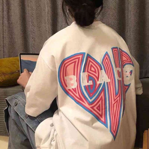 

1new 2021 new design small foreign style ins net red super fire medium length t-shirt loose half sleeve 021, White;black