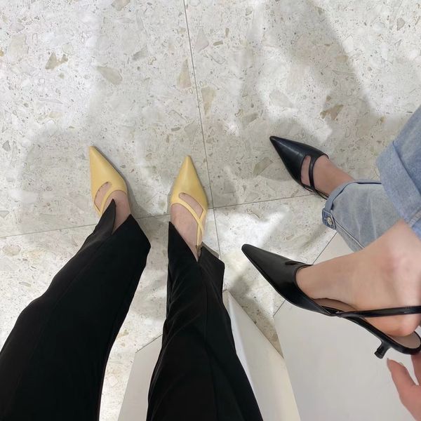 

pointed toe women sandals back strap thin low heels solid color beige/yellow/black elegant slides pumps hollow design dress shoe 210513