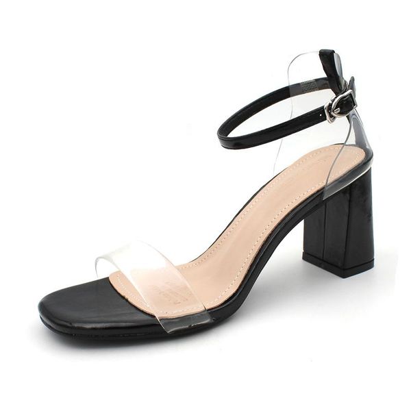 

the thick-heeled square toe high-heeled all-match korean patent leather transparent one-strip women's shoes dress, Black