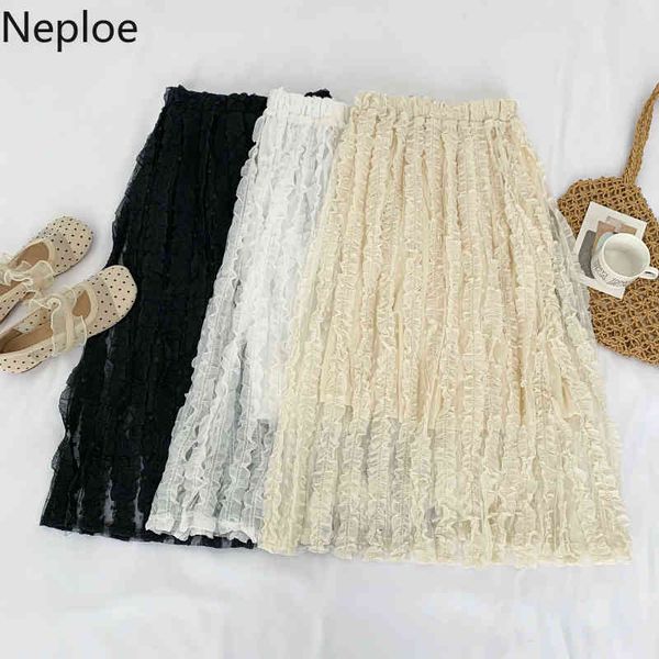 

neploe summer woman skirts korean sweet all match gauze ruffles faldas high waist thin mid-length jupe women clothing 210422, Black