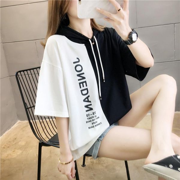 

women's t-shirt cotton hooded vogue casual funny summer short women t-shirts ins letter pink plus size korean style streetwear 2021, White