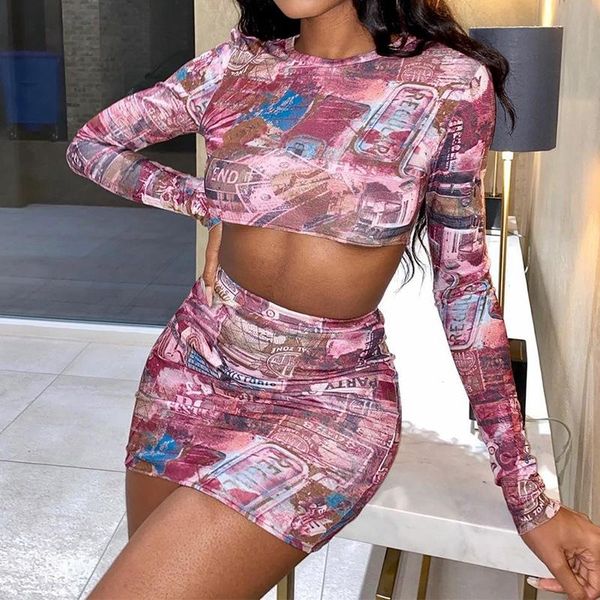 

women's tracksuits omilka spaper printed 2 piece set women long sleeve o neck crop and pencil mini skirt 2021 summer club outfits, Gray