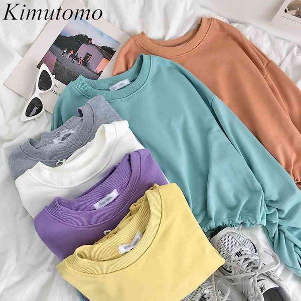 Kimutomo Chic Casual Supershirts Meninas Primavera Moda O-pescoço de Manga Longa Cordão All-Matching Tops Outwear Solto 210521