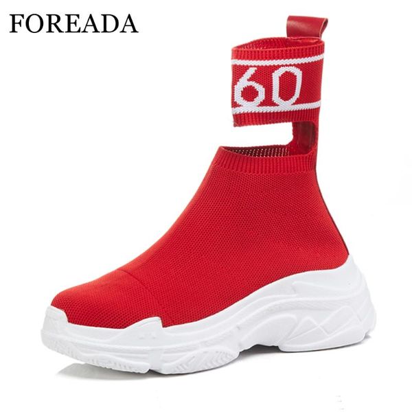 

boots foreada winter women ankle flat platform sock autumn stretch ladies sneakters round toe footwear red, Black