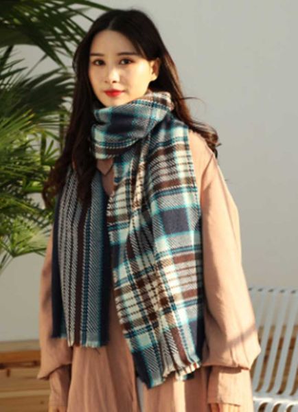 

scarves autumn and winter women's european american color plaid foulard femme cashmere warm scarf, Blue;gray