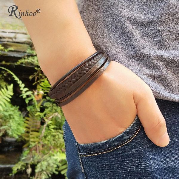 

charm bracelets rinhoo fashion stainless steel chain genuine leather bracelet men vintage punk male braid jewelry for women, Golden;silver
