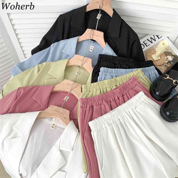 

korean ol suits summer elegant blazer coat high waist wide-leg shorts femme roupas temperament two piece sets women 210519, White