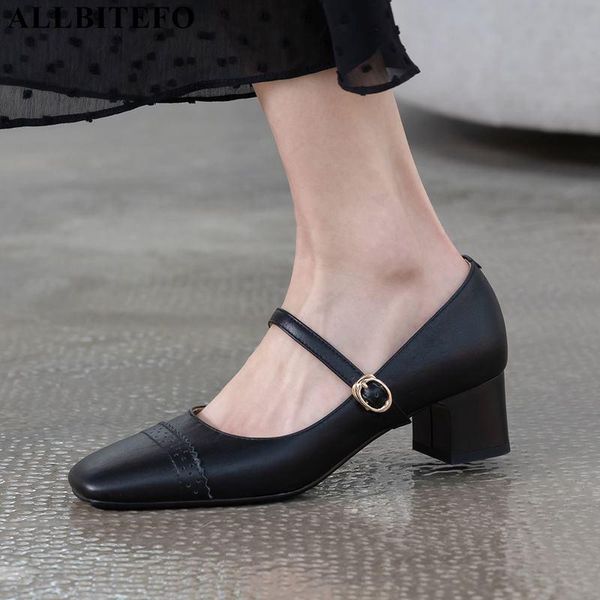 

dress shoes allbitefo fashion brand high heels women genuine leather square toe thick office ladies heel, Black