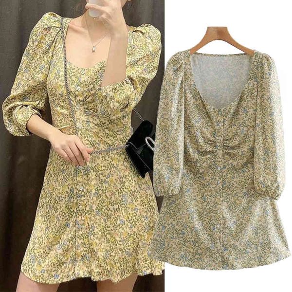 

casual dresses women new summer green floral print square collar character mini dress chic casual loose m6tx, Black;gray