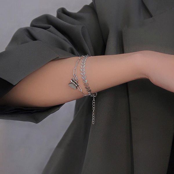 

modern jewelry chain bracelet selling two layer silvery plating metal leafs butterfly charm for women gifts link,, Black