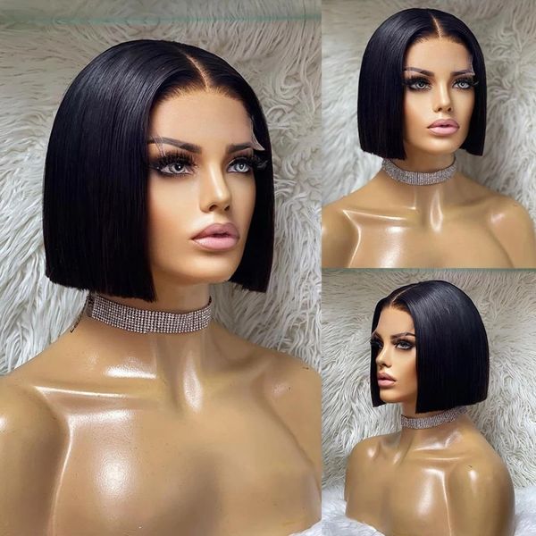 

middle part blunt cut bob lace front wig human hair silky straight 4x4 closure peruvian virgin wigs for black women with baby hair bleached, Black;brown