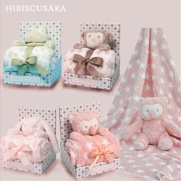 Baby Plush Cobertor com Boneca de Segurança Meninos Meninas Fleece S 76 * 76 Infantil Recebimento Macio Animal Macaco Coruja Elefante 210823