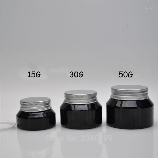 

storage bottles & jars 15g 30g 50g empty shiny black cream jar with aluminum lid, diy glass cosmetic refillable pot, mask box,makeup case