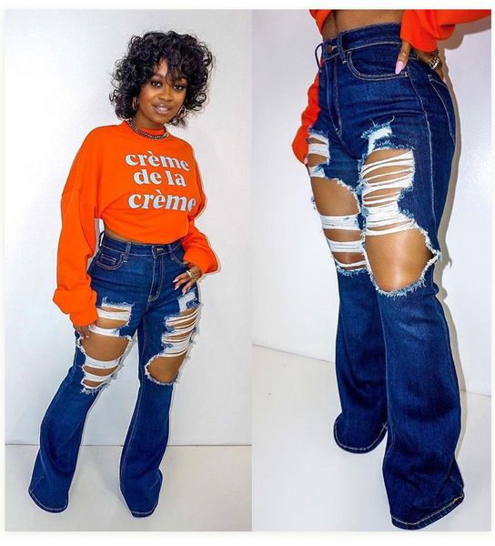 

women's jeans casual flare blue hollow out wide leg denim pants women high waist ripped hole straight trousers 2021 autum