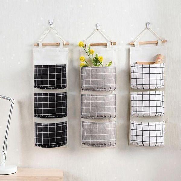 

storage bags 3grid wall hanging bag creative household product waterproof linen fabric organizer home multifunctional