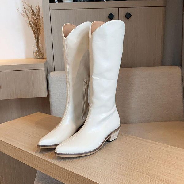 

boots pu leather women knee high low heel western cowboy shoes female winter zipper for, Black