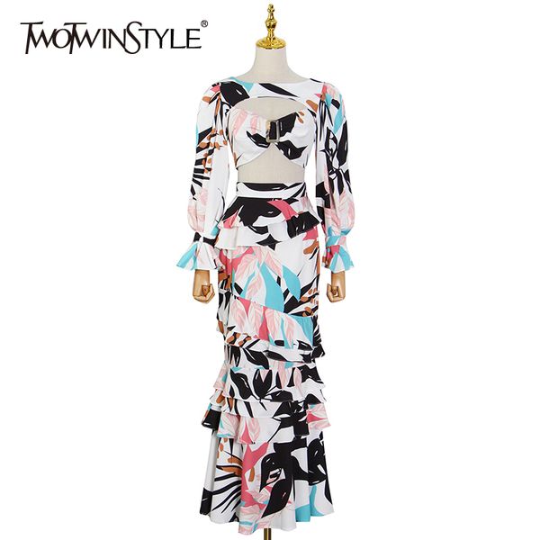 

print hollow out two piece set for women o neck flare long sleeve high waist skirt patchwork ruffle sets 210428, White