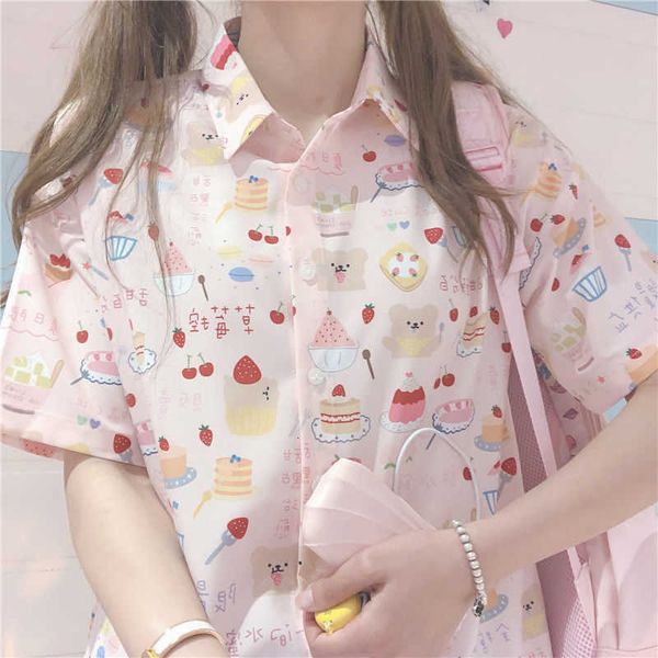 

women's blouses & shirts women short sleeve printed lovely loose korean style summer fashion female prevalent sweet turn-down coll, White