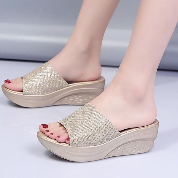 

women wedges peep toe slippers summer platform high heel female slides fashion bling outdoor sandals ladies elegant shoes, Black