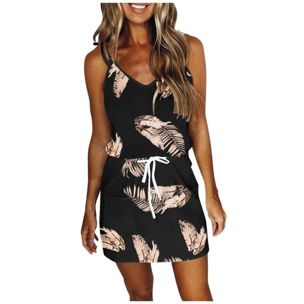 

casual dresses summer women holiday floral leaves print dress v-neck drawstring spaghetti strap bohemian beach tshirt robe yl, Black;gray