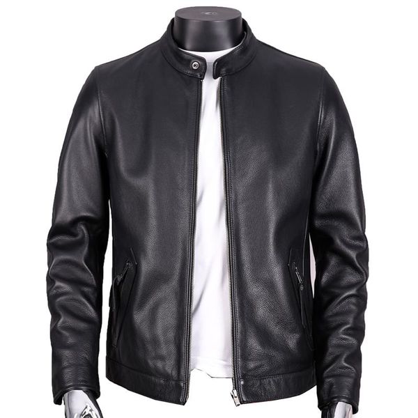 

men's leather & faux spring and autumn genuine jacket head layer cowhide stand-up collar korean style slim handsome small coat, Black