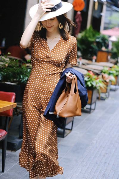 

print 21 dot short sleeve v-neck lace up silk dress, Black;gray