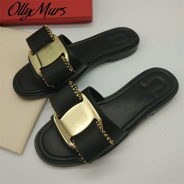 

ollymurs classics brand genuine leather summer for woman beach women's slides bow slippers, Black
