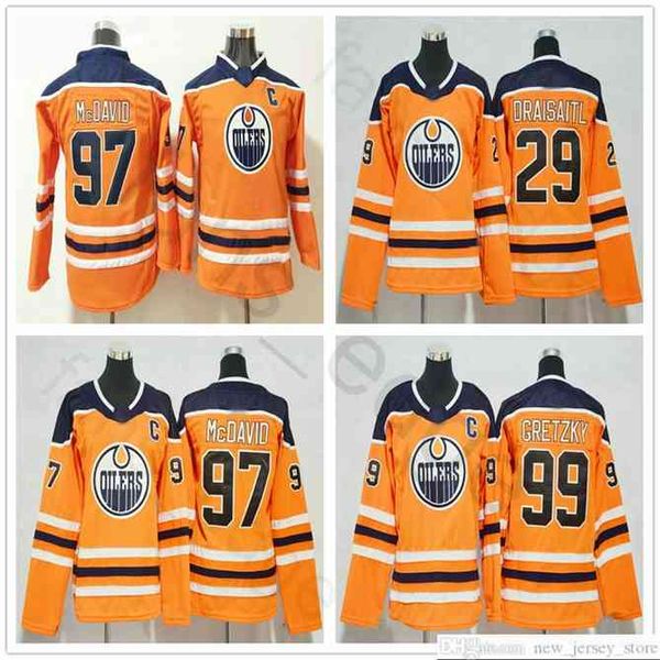 

96 new season edmonton oilers jerseys 29 leon draisaitl 97 mcdavid 99 wayne gretzky ice hockey men women kids youth orange jersey, Black