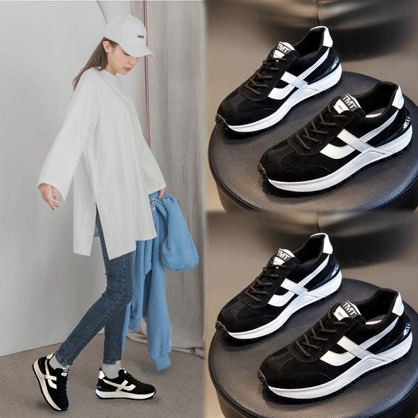 

daddy shoes women's plush autumn winter leisure sports running breathable forrest gump flat bottom leather, Black;white