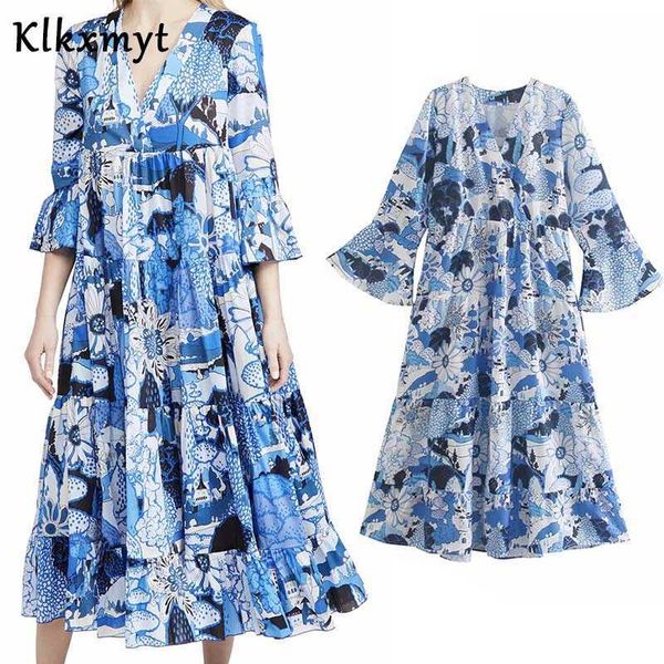 

klkxmyt za women vintage v neck floral print casual pleats midi dress female chic butterfly sleeve high waist party vestido 210527, Black;gray
