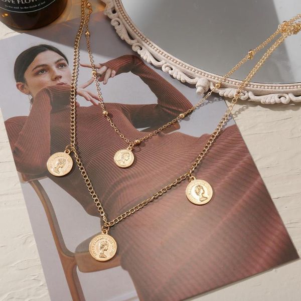 

pendant necklaces bohemian multi-layer coin necklace for women gold color vintage portrait collar fashion jewelry accessories, Silver