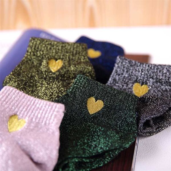 Glitter Çorap Kadın Çorap Kısa 5 Çift Paketi Moda Kalp Işlemeli Parlak Ayak Bileği Çorap Set Telkari Meias Kawaii Sox Woman 211204