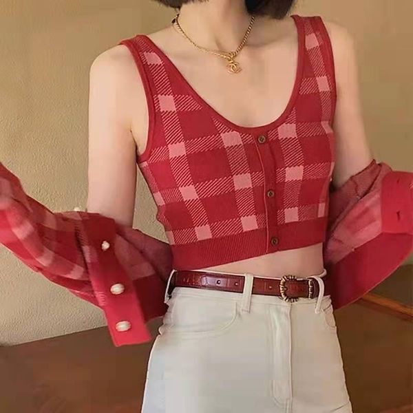 

women's knits & tees many fine vintage red plaid knit condole belt paragraphs suits female spring thin short grid cardigan two-piece ou, White