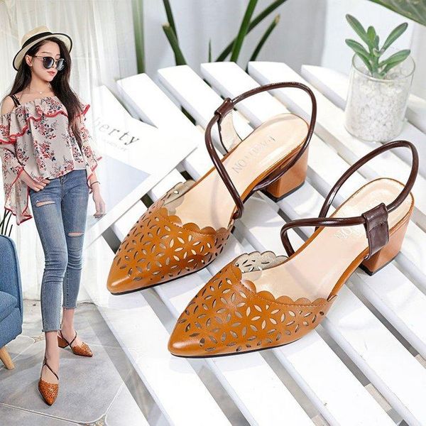 

sandals 2021 ladies shoes summer block heels med suit female beige all-match breathable pointed chunky closed medium black f