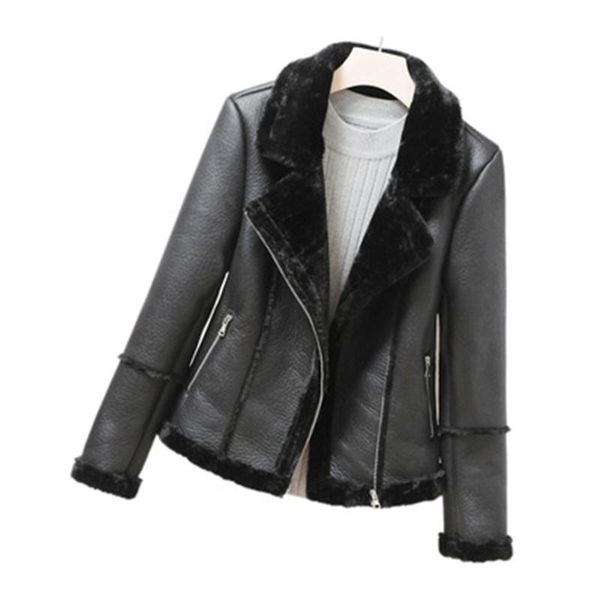 

women's leather & faux fur pu jacket 2021 autumn and winter european american warm motorcycle femme n287, Black