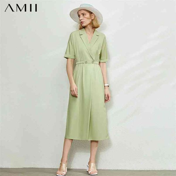 Minimalismus Frühling Sommer Fashion Revers Solid Women Kleid kausale elastische Taille Halbhülle Kälberlänge weiblich 1076 210527