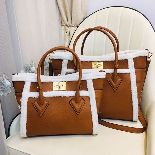 

tote bag handbag purse crossbody bags fashion grain cowhide leather wool skin hardware buckle internal zipper plain