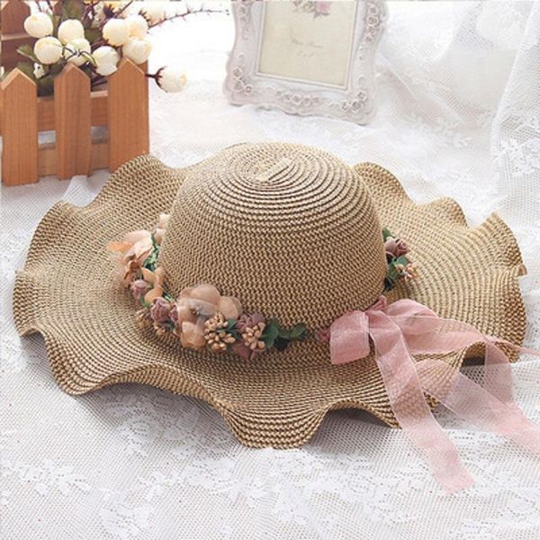 

parent-child sun hat wild large wide brim beach handmade floral straw girl summer lady hats, Blue;gray