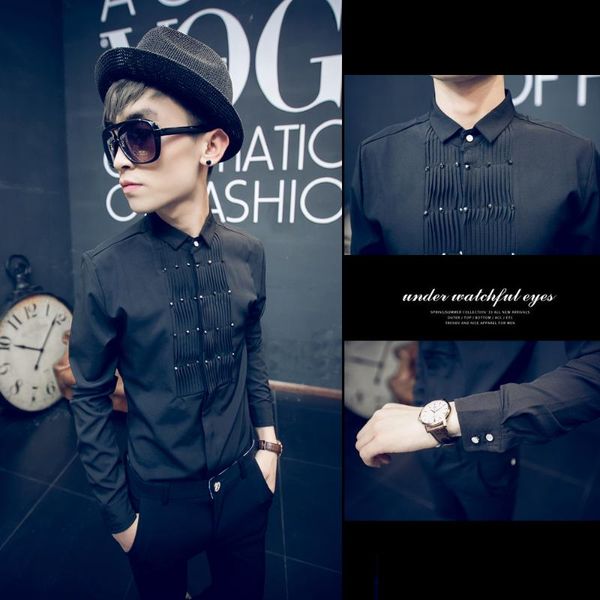 

autumn fashion pleated men's rivet british style male slim long-sleeve trend shirt stage singer costumes clothing casual shirts, White;black