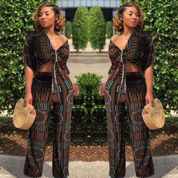 

geometric print clothing set women tracksuits tracksuit african fashion casual party stretch wide leg two piece ankle length pants jumpsuit, Gray