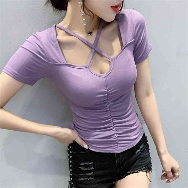 

women hollow out tshirt summer elegant short sleeve slim sleeve 210507, White