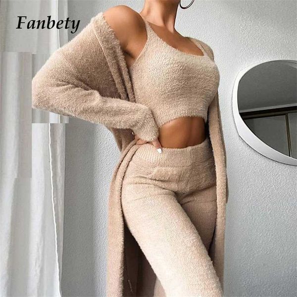 Herbst Winter Eleganter fester Strick dreiteiliger Anzug Frauen Sexy Outwear Top und Hose Set Lässige warme Langarmmantel Lady Homewear 211126