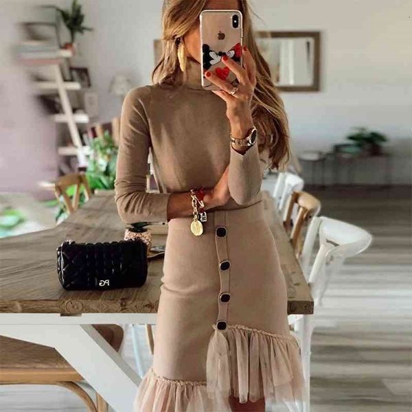 

casual dresses women autumn solid two-piece sets turtleneck long sleeve mesh skirt lady office ruffle set spring 2 piece xher, Black;gray
