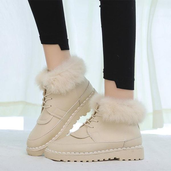 

boots women snow winter ankle fashion shoes pu leather plush warm lace up female footwear comfort woman, Black