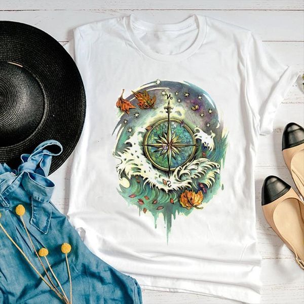 

graphic watercolor vintage wave womens t shirts beach travel fashion 90s cartoon summer print female clothes tees shirt, White