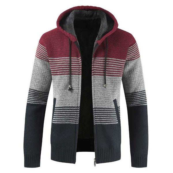 

sweater coat men winter thick warm hooded cardigan jumpers men striped wool liner zipper fleece coats men 211018, White;black